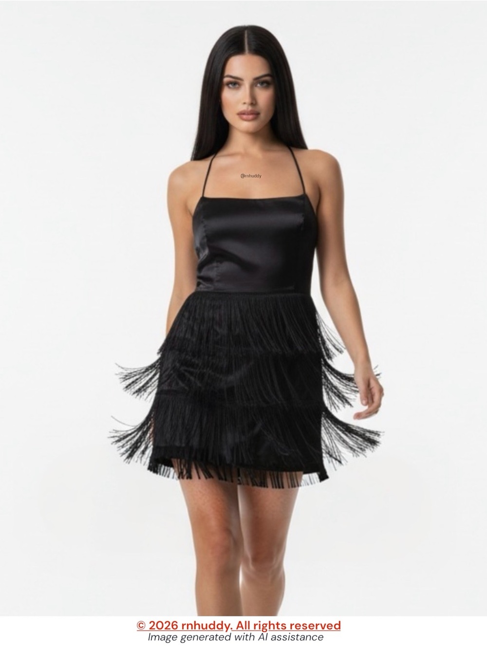 NWT White Fox Boutique M black satin & fringe mini dress